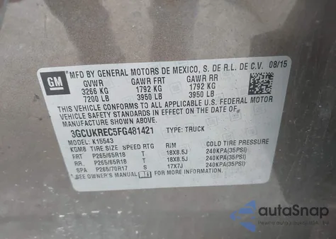 2015 Chevrolet Silverado 1500 1Lt z USA, uszkodzony, nr VIN 3GCUKREC5FG481421